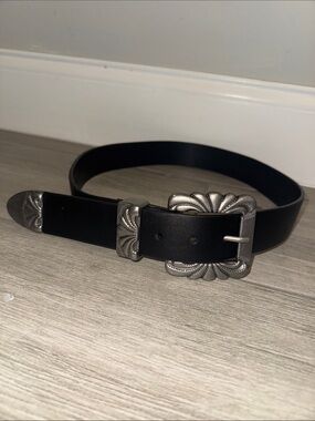 Women’s Black Leather Belt with Ornate Silver-Tone Buckle